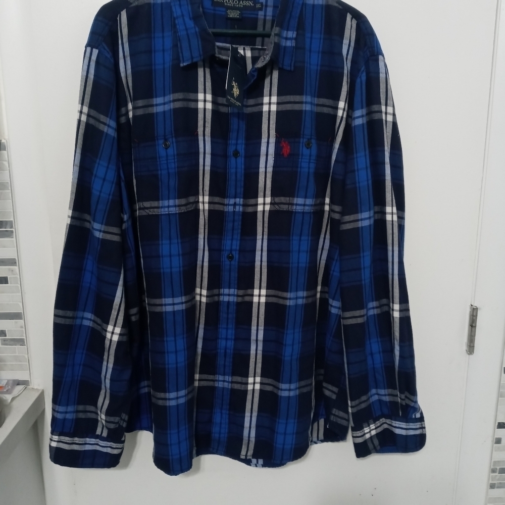 US Polo Association Blue Black Button Down Flannel Embroidered Logo